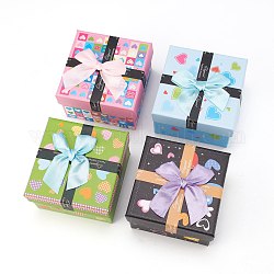 Boîtes à bijoux en carton motif coeur, pour montre / bracelet, avec nœud papillon et coussin en tissu, carrée, couleur mixte, 9x9x5.8 cm