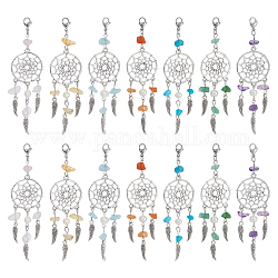 Nbeads 14Pcs 7 Style Natural Gemstone Chip Pendant Decoration, Alloy Woven Net/Web with Wing Hanging Ornament, with Natural Cultured Freshwater Pearl, 304 Stainless Steel Lobster Claw Clasps, 98~100mm, 2pcs/style