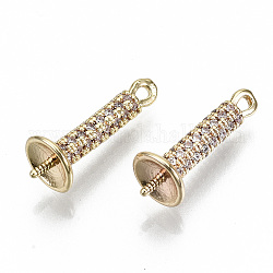 Brass Micro Pave Clear Cubic Zirconia Peg Bails Pendants, for Half Drilled Beads, Nickel Free, Column, Real 18K Gold Plated, 16x2.5mm, Hole: 1mm, pin: 0.8mm