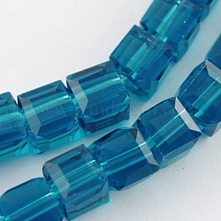 Hilos de abalorios de vidrio, facetados, cubo, acero azul, 7~8x7~8x7~8mm, agujero: 1 mm, aproximamente 72 pcs / cadena, 21.6 pulgada