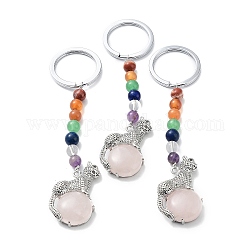 Porte-clés guépard en quartz rose naturel et laiton, avec 7 perle de chakra et anneaux en fer, sans plomb et sans cadmium, 10.3 cm