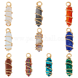 SUPERFINDINGS 10Pcs 10 Styles Mixed Gemstone Double Terminal Pointed Pendants, Faceted Bullet Charm, with Golden Tone Copper Wire Wrapped, 25x6~7x6~7mm, Hole: 3mm, 1pc/style