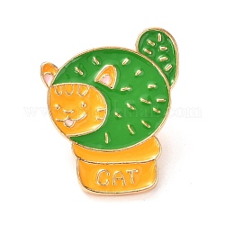 Alloy Enamel Brooches, Enamel Pin, with Butterfly Clutches, Cat with Cactus, Light Gold, Green, 28.5x23.5x10.5mm