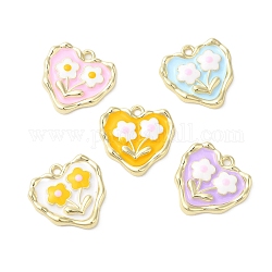 Alloy Eanmel Pendants, Heart with Flower Charm, Golden, Mixed Color, 18x18x2.5mm, Hole: 1.6mm