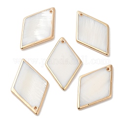 Electroplated Natural Freshwater Shell Pendants with Golden Plated Brass Edge, Rhombus Charms, WhiteSmoke, 38~39.5x24~25x2~2.5mm, Hole: 1.2mm