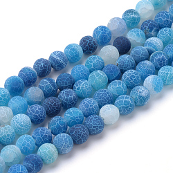 Natural & Dyed Crackle Agate Bead Strands, Frosted Style, Round, Blue, 10mm, Hole: 1.2mm, about 37~40pcs/strand, 14.9~15.1 inch(38~38.5cm)