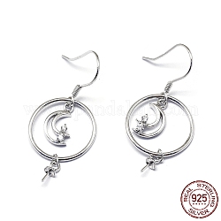 Accessoires pour boucles d'oreilles pendantes en argent sterling plaqué rhodium, avec zircons, pour la moitié de perles percées, lune, clair, platine, 925mm, 37x16 jauge, pin: 24 mm