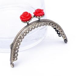 Iron Purse Frame Handle, with Resin Flower, for Bag Sewing Craft, Antique Bronze, Crimson, 60x85~90x11mm, Hole: 1.5mm