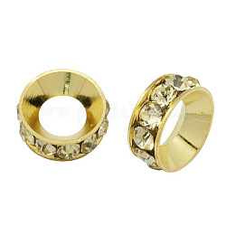 Abalorios de latón Diamante de imitación espaciador, Grado A, rerondana plana, color metal dorado, junquillo, 9x4mm, agujero: 4 mm