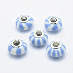 Handgemachte  europäischen Fimo-Perlen, mit versilberten Messingkernen, Großloch perlen, Rondelle mit Streifenmuster, Licht Himmel blau, 13~16x8~11 mm, Bohrung: 4.5~5 mm