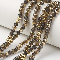 Electroplate Transparent Glass Beads Strands, Half Golden Plated, Faceted, Rondelle, Coconut Brown, 4x3mm, Hole: 0.4mm, about 130pcs/strand, 16.54 inch(42cm)