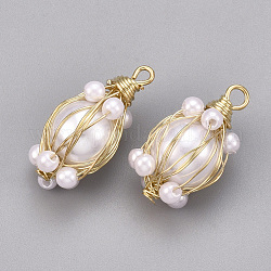 Pendenti di perle imitazione plastica abs, con accessori di ottone, bianco crema, vero placcato oro 18k, 21~23x10~11mm, Foro: 2 mm