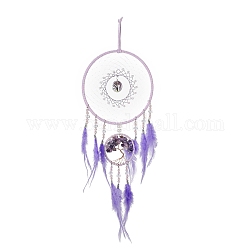 Iron & Brass Wire Woven Web/Net with Feather Pendant Decorations, with Plastic, Amethyst & Glass Beads, Covered with Leather Cord, Flat Round & Tree of Life, Lilac, 500mm