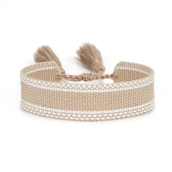 Bracelets en cordon tressé avec pompons en polyester, bracelets plats réglables pour femmes, tan, diamètre intérieur: 5-7/8~9-1/2 pouce (15~24 cm)