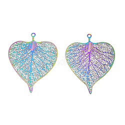 Ion Plating(IP) 304 Stainless Steel Filigree Pendants, Etched Metal Embellishments, Leaf, Rainbow Color, 39x30x0.2mm, Hole: 1.6mm