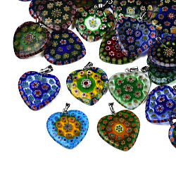 Perles en verre de millefiori manuelles, avec les accessoires en fer de platine plaqués, cœur, couleur mixte, 27x24x3mm, Trou: 5x2mm
