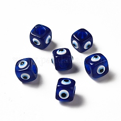 Mauvais œil en résine perles européennes, perle avec trou grande, cube, bleu moyen, 12.5x14~14.5x14~14.5mm, Trou: 6mm