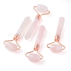 Natural Rose Quartz Massage Tools, Facial Rollers, with Brass Findings, Rose Gold, 95x40x18mm