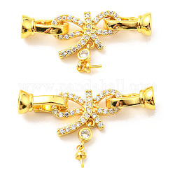 Brass Micro Pave Clear Cubic Zirconia Fold Over Clasps, Cadmium Free & Lead Free, Bowknot, Golden, 35mm, Bowknot: 22x19.5x4mm, Pin: 0.7mm, Clasp: 12x5.5x6.5mm, Hole: 4.5mm