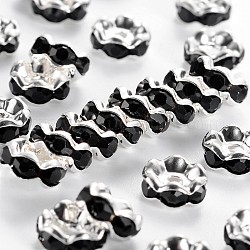 Perles séparateurs en laiton avec strass, Grade a, noir, couleur argentée, sans nickel, taille: environ 8mm de diamètre, épaisseur de 3.8mm, Trou: 1.5mm