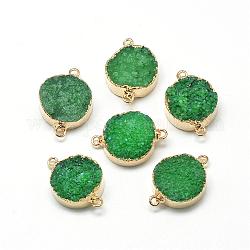 Natural Druzy Agate Links connectors, with Brass Findings, Dyed, Flat Round, Sea Green, 29x20x9~13mm, Hole: 2mm