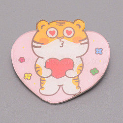 Heart Tiger Chinese Zodiac Acrylic Brooch, Lapel Pin for Chinese Tiger New Year Gift, White, Pink, 35x49x7mm