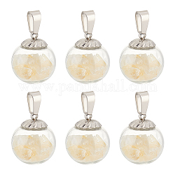 FINGERINSPIRE 6Pcs Transparent Globe Glass Bubble Cover Pendants, with Dyed Natural Citrine Inside and Stainless Steel Color 304 Stainless Steel Bails, Round Charms, 19.5x16mm, Hole: 2.5x5mm
