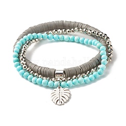 3 pièces 3 style fait à la main en argile polymère heishi & naturel howlite perlé bracelets extensibles sertis de charme de feuille pour les femmes, couleur mixte, diamètre intérieur: 2-3/8 pouce (5.9 cm)