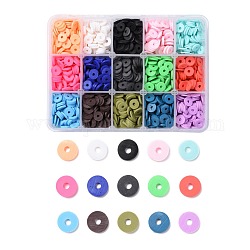 150g 15 couleurs perles en pâte polymère faites à la main, perles heishi, pour les fournitures de bricolage bijoux artisanat, disque / plat rond, couleur mixte, 8x1mm, Trou: 2mm, 10 g / couleur