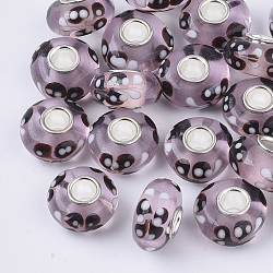Handmade Lampwork European Beads, Large Hole Beads, with Silver Color Plated Brass Single Cores, Rondelle, Thistle, 14x7.5mm, Hole: 4mm
