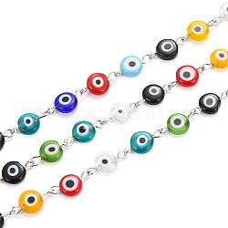 Handmade Lampwork Flat Round Evil Eye Beads Chains for Necklaces Bracelets Making, with Iron Eye Pin, Unwelded, Mixed Color, 39.3 inch