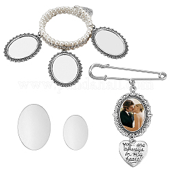 SUPERFINDINGS Imitation Pearl Wedding Bouquet Jewelry Set, Oval Blank Picture Charms Triple Loops Alloy Bangle & Brooch, Memorial Photo Charms Bouquet Holder, Seashell Color, Inner Diameter: 2-1/8 inch(5.5cm), 78mm
