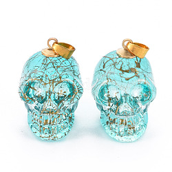 Electroplate K9 Glass Pendants, with Golden Plated Brass Bails, Drawbench, Skull, Halloween, Pale Turquoise, 25x26~27x19mm, Hole: 5x3mm