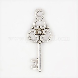 Tibetan Style Alloy Pendant, Skeleton Key, Lead Free, Cadmium Free and Nickel Free, Antique Silver Color, about 23mm long, 9.5mm wide, 2mm thick, hole: 2mm