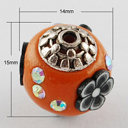 Handmade Indonesia Beads, with Alloy Cores, Round, Antique Silver, Dark Orange, 15x14x14mm, Hole: 1mm