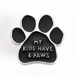 Alloy Enamel Brooches, Enamel Pins, with Brass Butterfly Clutches, Dog Paw Prints with Word My Kids Have A Paws, Cadmium Free & Nickel Free & Lead Free, Platinum, Black, 1x1 inch(24.5x25mm), Pin: 1mm