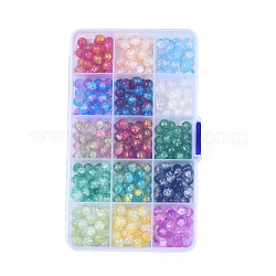 Crackle trasparente fili di perle di vetro, tondo, colore misto, 8x7.5mm, Foro: 1.2 mm, 15 colori, 22~23 pz / colore, circa 330~345 pc / scatola