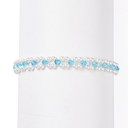 Bracelet en perles de coquillage et fleur de verre avec petit cœur en laiton, bijoux tressés pour femmes, lumière bleu ciel, 7-5/8 pouce (19.5 cm)