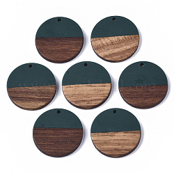 Colgantes de resina & madera, plano y redondo, verde oscuro, 28.5x3.5~4mm, agujero: 1.5 mm