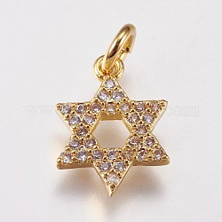 Adornos de latón micropavé de circonia cúbica, para judío, estrella de david, dorado, 13.5x10x2mm, agujero: 3 mm
