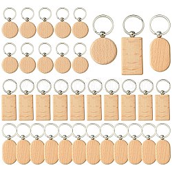 30 Stück Schlüsselanhänger mit 3 rechteckigen/flachen, runden Holzrohlingen mit gravierbaren Tags, mit Eisenringen, Mokassin, 40~53x40~32x7 mm, 10pcs / style