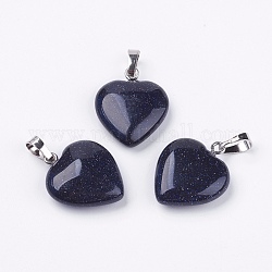 Sintetici ciondoli Goldstone blu, cuore, con accessori di ottone, platino, 22~23x20~20.5x6~7.5mm, Foro: 5x8 mm