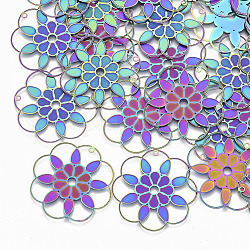 Placage ionique (ip) 304 pendentifs en filigrane en acier inoxydable, embellissements en métal gravé, fleur, couleur arc en ciel, 33x33x0.3mm, Trou: 1.2mm