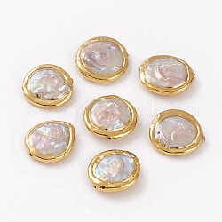 Recursos naturales perlas, con borde de latón dorado, plano y redondo, 22.2~25x6.1~6.9mm, agujero: 0.6~0.8 mm