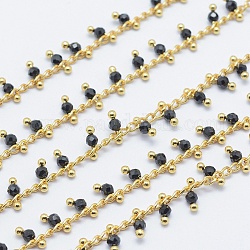 Chaînes de perles faites main en agate noire naturelle, soudé, sans plomb et sans cadmium, avec les accessoires en laiton, véritable 18k plaqué or, Plaqué longue durée, ronde à facettes, 6~7x2~3mm