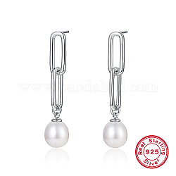 Pendientes colgantes ovalados de plata de ley 925 con baño de rodio, pendientes colgantes de perlas naturales, Platino, 50x7.7mm