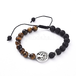 Bracelets tressés réglables en pierre de lave naturelle et perles d'oeil de tigre, avec des perles en alliage de style tibétain, rond et plat avec un arbre, argent antique, 2-3/8 pouce (59 mm) ~ 3-5/8 pouces (93 mm)
