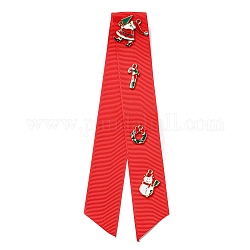 Christmas Polyester Ribbon Safety Pin Brooch, with Alloy Enamel Santa Claus & Candy Cane & Wreath & Snowman, Iron Pin, Red, 170~175x65x0.6~4.5mm