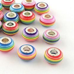 Resin European Beads, Large Hole Beads, with Silver Plated Brass Double Cores, Stripe, Rondelle, Mixed Color, 14x8~8.5mm, Hole: 5mm