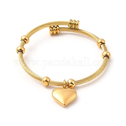 Placage ionique (ip) 304 bracelet manchette en acier inoxydable avec breloques en forme de cœur, bracelet torsadé perlé rond pour femme, or, diamètre intérieur: 2 pouce (5.1 cm)
